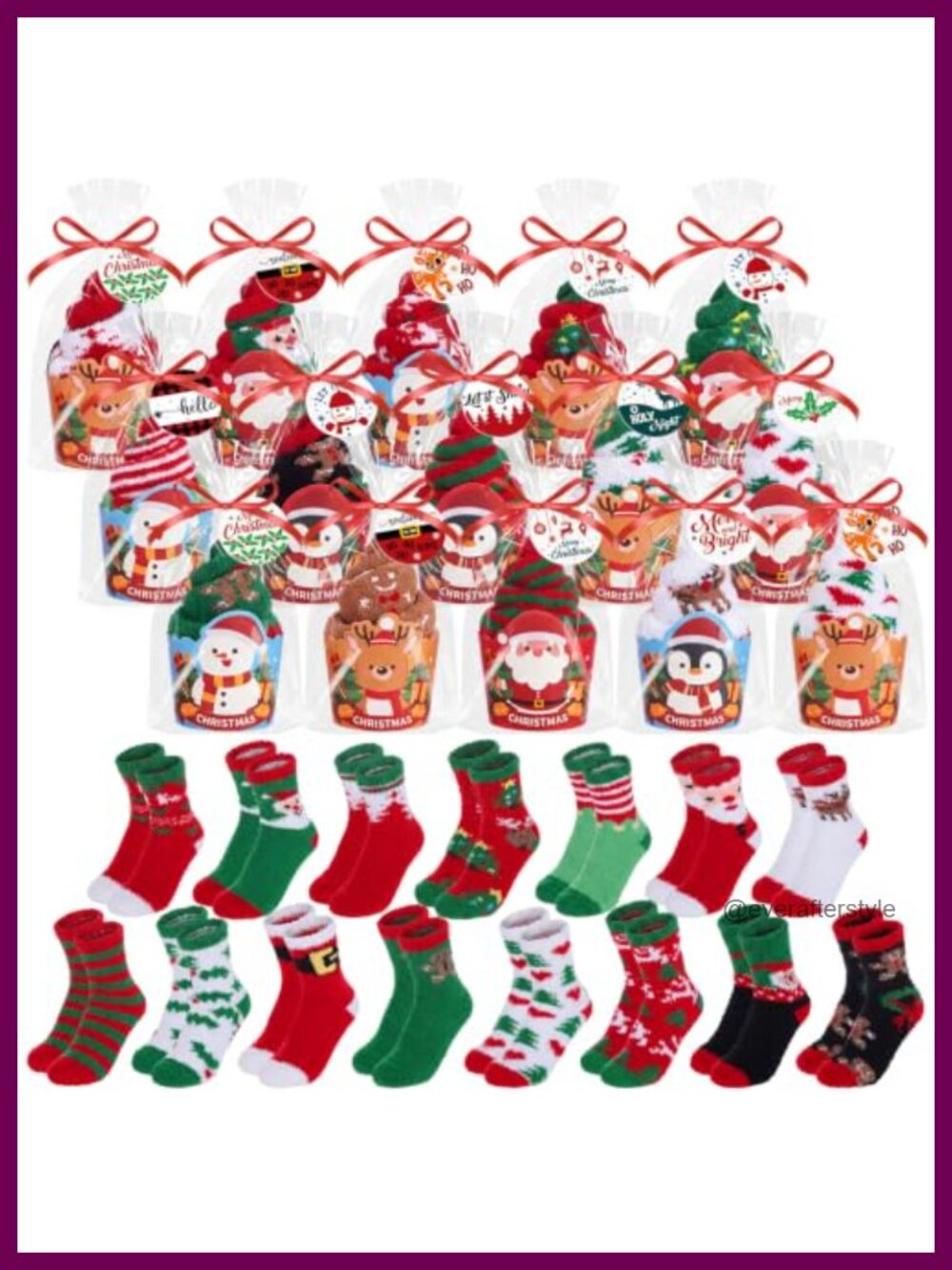 30 Pairs Christmas Fuzzy Socks Gift Set Cupcake Wrappers Ribbon Cards Bags